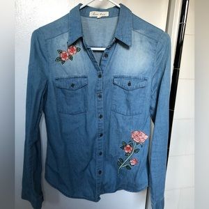 Denim button up with floral detail by love tree, size Small